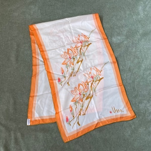Vintage Vera Neumann oblong silk scarf made in Japan,60s 70s Vera scarf,Vera Neumann orange flower vintage scarf hand rolled,Vera lady bug