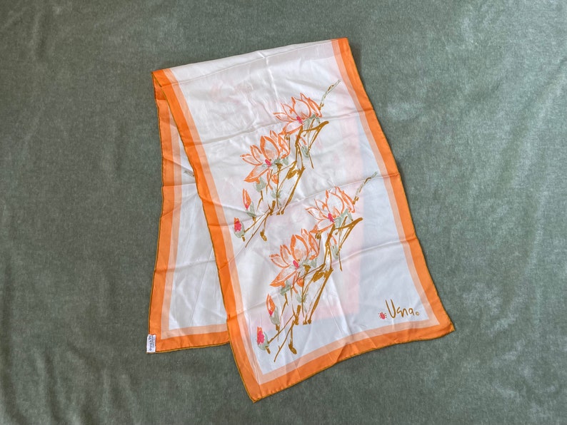 Vintage Vera Neumann oblong silk scarf made in Japan,60s 70s Vera scarf,Vera Neumann orange flower vintage scarf hand rolled,Vera lady bug image 1