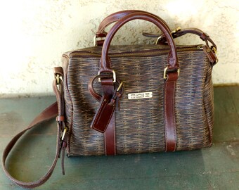 Vintage Large Basket Duffle Shaped Bag,Wathne Bag,Printed Coated Canvas Bag with Leather Trim,Wicker Basket Bag,Hunting Fishing Crossbody