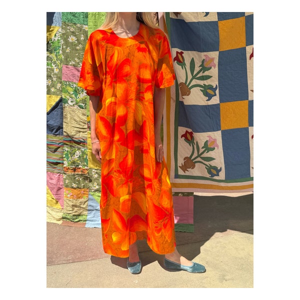 Vintage 60s 70s flower power orange barkcloth dress, long 1960s 1970s orange maxi dress, retro 70s  dress Hawaiian flowers dayglo orange