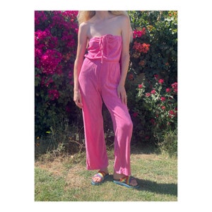Vintage 70s 80s pink Terrycloth jumpsuit strapless romper one piece, vintage 1970s 1980s pink terrycloth