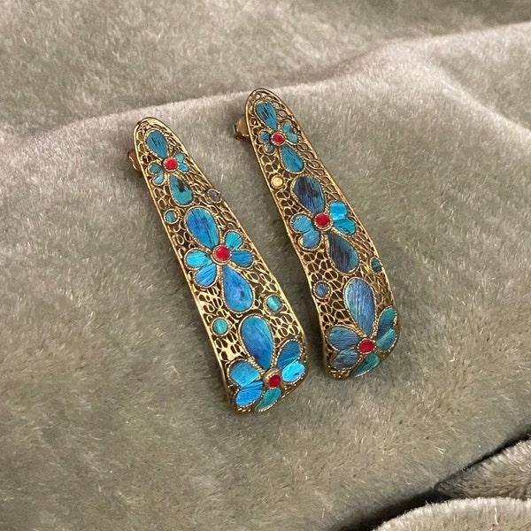 Antique Qing Dynasty Kingfisher feather earrings, vintage Tian-Tsui earring set flower filigree, hair pin earring Tian-Tsui blue and red