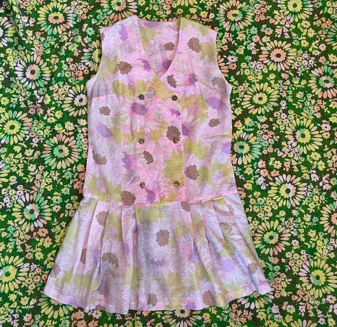 Vintage 1960s Mod Drop Waist Scooter Dress, Flower Power 60s Dress