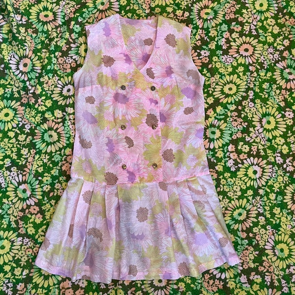 Vintage 1960s mod drop waist scooter dress, flower power 60s dress, sleeveless 60s mod mini dress 1960s as is with stains