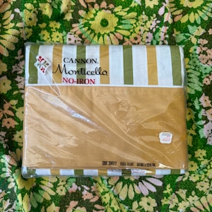 Vintage Cannon Monticello full flat sheet new in package, deadstock sheets, green yellow gold stripes cannon sheet, 1960s 1970s sheets, NOS
