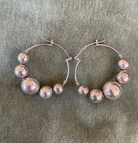 Vintage sterling silver large bead hoop earrings, 