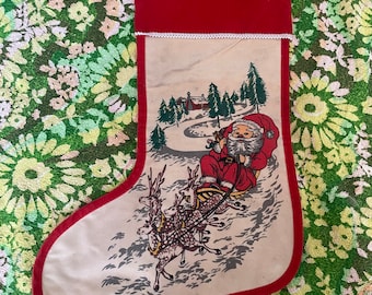 Vintage Felted Christmas Stocking: Santa, Reindeer & Sleigh
