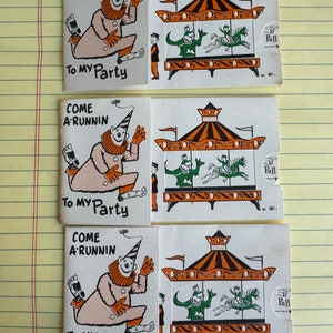Vintage 50s Birthday Party Invitations: Clown & Carousel Pull Tab Cards (Set of 3)