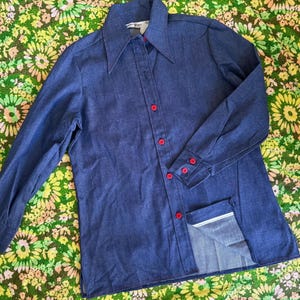 Vintage 70s dark selvedge denim durable press shirt, dark denim selvedge denim, deadstock dark denim shirt
