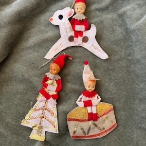 Vintage 1950s Knee Hugger Elf Ornaments: Felt Christmas Decor, Made in Japan