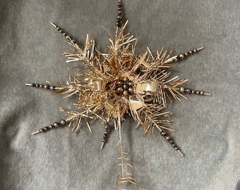 Vintage 1970s tree topper, Double sided gold tinsel and mercury glass tree toppper, vintage retro Christmas tree topper gold and tinsel 70s