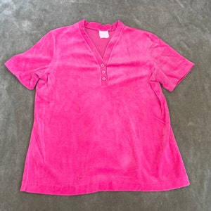 Vintage 70s Hot Pink Velour Top: Retro V-Neck Shirt