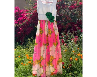 Vintage jaren '60 flower power jurk, jaren '60 flower power feestjurk, retro maxi jurk, pure bloemen roze groen geel, jaren '60 formele dansjurk