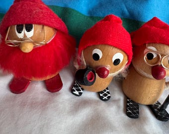 Vintage Lot of Three Christmas Wooden Gnomes, Japan Shackman Maybe