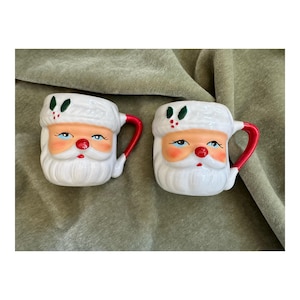Vintage blue eyed santa mugs set of 2, vintage christmas santa mugs, vintage christmas mugs