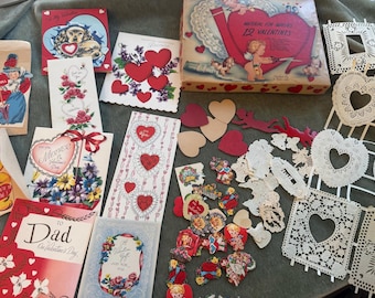Vintage Valentine lot with cards and A-meri-card valentine box