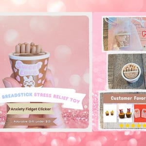 May include: A brown and white Choco Breadstick Stress Relief Toy, also known as an Anxiety Fidget Clicker. The toy is shaped like a cup with breadsticks and features the text "Sweet Love" and a bunny design. The image also shows "Cute Packaging!" and "Customer Favorites!"