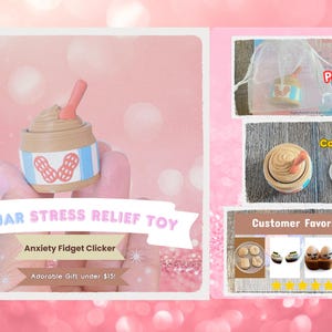 Puede incluir: Un juguete para aliviar el estrés con forma de tarro de mantequilla de cacahuete, con una tapa marrón claro y una cuchara rosa. El tarro tiene una banda a rayas azules y blancas con un gráfico de cacahuete. El texto de la imagen dice "PB JAR STRESS RELIEF TOY" y "Anxiety Fidget Clicker."