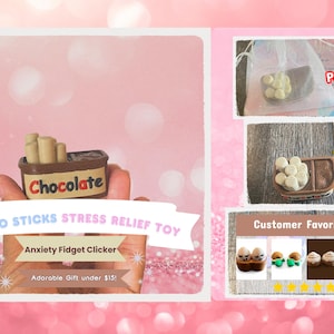 May include: A brown and beige "Chocolate" fidget toy with "Choco Sticks Stress Relief Toy" text. The toy is held in a hand. Additional images show packaging and size comparison. The text "Anxiety Fidget Clicker" is also visible.