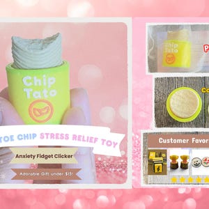 K&ouml;nnte beinhalten: Ein neuartiges Stressabbau-Spielzeug in Form eines Kartoffelchip-Beh&auml;lters. Der gr&uuml;ne Beh&auml;lter tr&auml;gt den Text "Chip Tato" und ein Logo. Die Oberseite des Spielzeugs ist eine wei&szlig;e, strukturierte, chipartige Form. Der Text "Potato Chip Stress Relief Toy" ist ebenfalls enthalten.