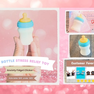 Może przedstawiać: Biała zabawka antystresowa w kształcie butelki dla dziecka z niebieskim i żółtym wierzchem trzymana w dłoni. Obraz zawiera tekst "Baby Bottle Stress Relief Toy" i "Anxiety Fidget Clicker".