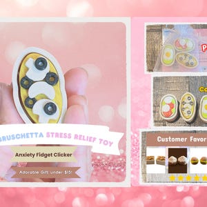 Könnte beinhalten: Kleines, holzfarbenes Bruschetta-förmiges Stressabbau-Spielzeug mit weißen, schwarzen und gelben Details. Das Bild enthält den Text "TINY BRUSCHETTA STRESS RELIEF TOY" und "Anxiety Fidget Clicker". Zusätzliche Bilder zeigen Verpackung und Größenvergleich.