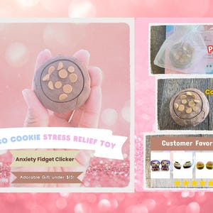 Puede incluir: Un Choco Cookie Stress Relief Toy marrón, un fidget clicker, con chispas de chocolate marrón claro. La imagen incluye una comparación de tamaño con una moneda y una muestra de los favoritos de los clientes.