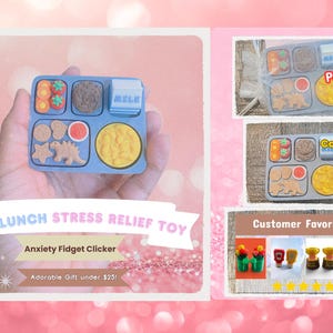 May include: A blue lunch tray-shaped fidget toy with compartments filled with various food-shaped pieces. The toy includes the text "KIDS LUNCH STRESS RELIEF TOY" and "Anxiety Fidget Clicker". The toy is designed as an adorable gift.