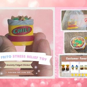May include: A novelty stress relief toy shaped like a chili container, with the word "CHILI" on the side. The toy is yellow, red, and gray, and is held in a hand. The text "CHILI FRITO STRESS RELIEF TOY" is also visible.