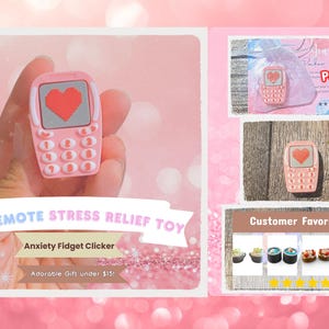 May include: Pink Y2K-style remote stress relief toy shaped like a cell phone with a red heart on the screen. The text "Y2K Remote Stress Relief Toy" and "Anxiety Fidget Clicker" are visible. The image also includes the text "Adorable Gift under $15!"