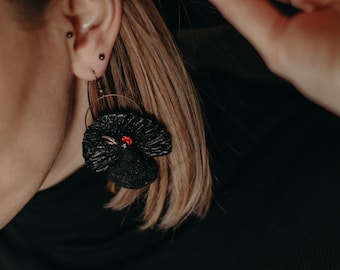 Handmade Capercaillie Bird Earrings: Polymer Clay, Brass Hooks