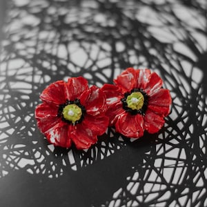 Handmade Polymer Clay Poppies Earrings: Red Flower Silver Studs
