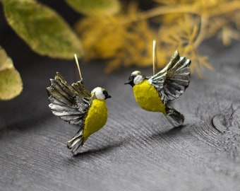 Birds Earrings, Hook Earrings, Tomtit earrings, Polymer clay earrings, Jewelry, Handmade, Black Green earrings, Gift for women, Tomtit birds