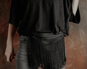 Black Fringe Belt Bag, Faux Leather Fanny Pack, Boho Festival Bag, Western Waist Bag, Crossbody Purse for Women