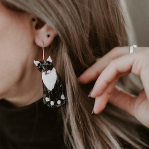 Handmade Black and White Cat Earrings: Polymer Clay Hook Earrings