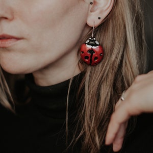 Bug earrings, Ladybug hook earrings, Ladybird polymer clay earrings, Red earrings, Handmade, Hook earrings, Artistic earrings, Bright image 1