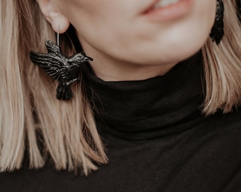 Asymmetrical Black Raven Earrings: Handmade Polymer Clay Bird Jewelry