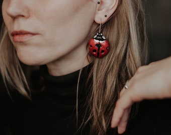 Bug earrings, Ladybug hook earrings, Ladybird polymer clay earrings, Red earrings, Handmade, Hook earrings, Artistic earrings, Bright