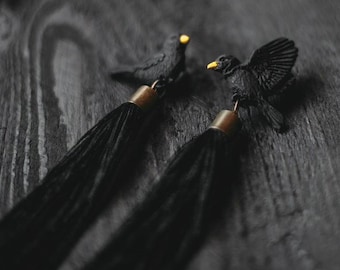 Tassel Earrings, Long Earrings, Black earrings, Bird, Polymer clay earrings, Handmade, Gift for her, Blackbird, Studs, Clips, Silver studs