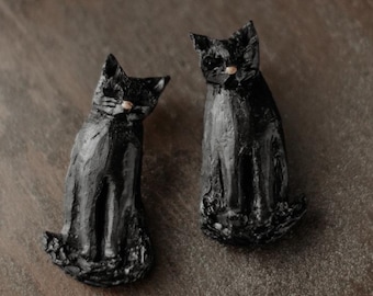 Handmade Black Cat Stud Earrings: Polymer Clay Animal Jewelry
