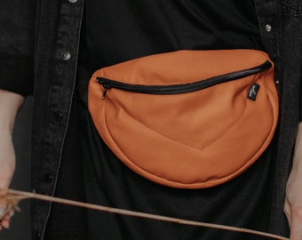 Handmade Orange Vegan Leather Belt Bag: Spacious Festival Fanny Pack