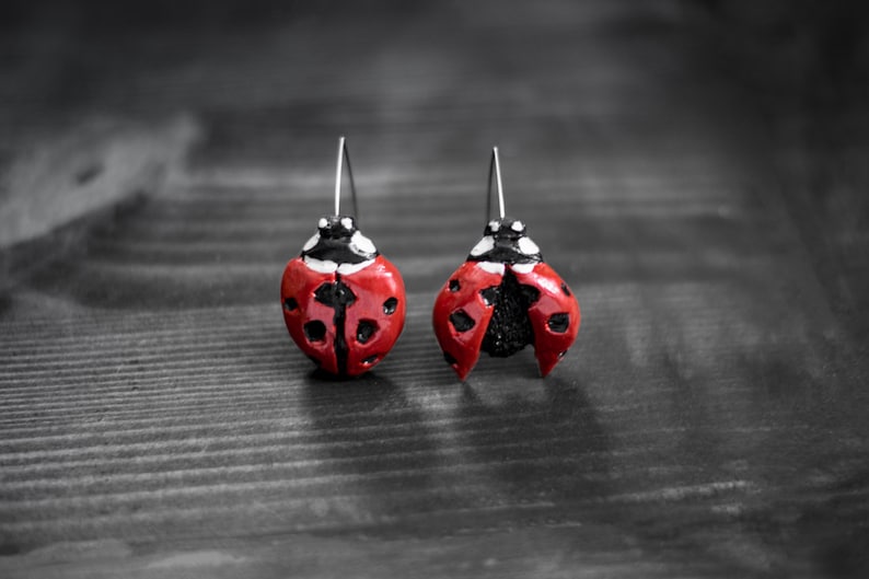 Bug earrings, Ladybug hook earrings, Ladybird polymer clay earrings, Red earrings, Handmade, Hook earrings, Artistic earrings, Bright image 2