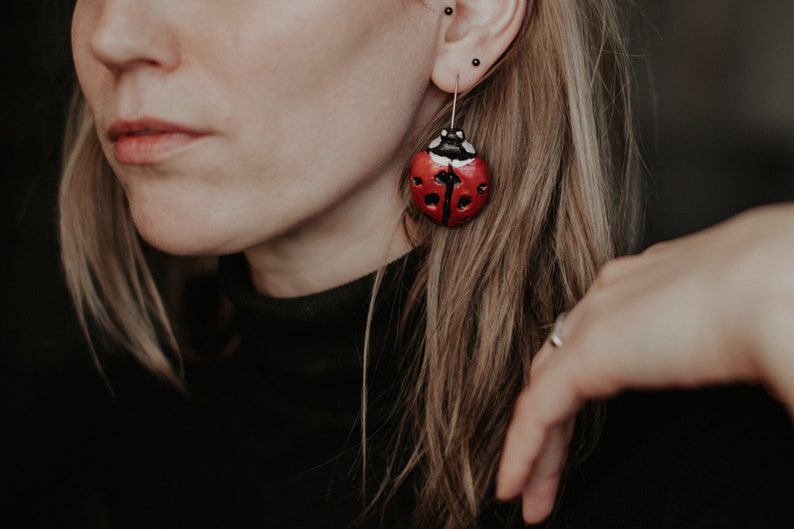 Bug earrings, Ladybug hook earrings, Ladybird polymer clay earrings, Red earrings, Handmade, Hook earrings, Artistic earrings, Bright image 1