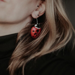 Bug earrings, Ladybug hook earrings, Ladybird polymer clay earrings, Red earrings, Handmade, Hook earrings, Artistic earrings, Bright image 7