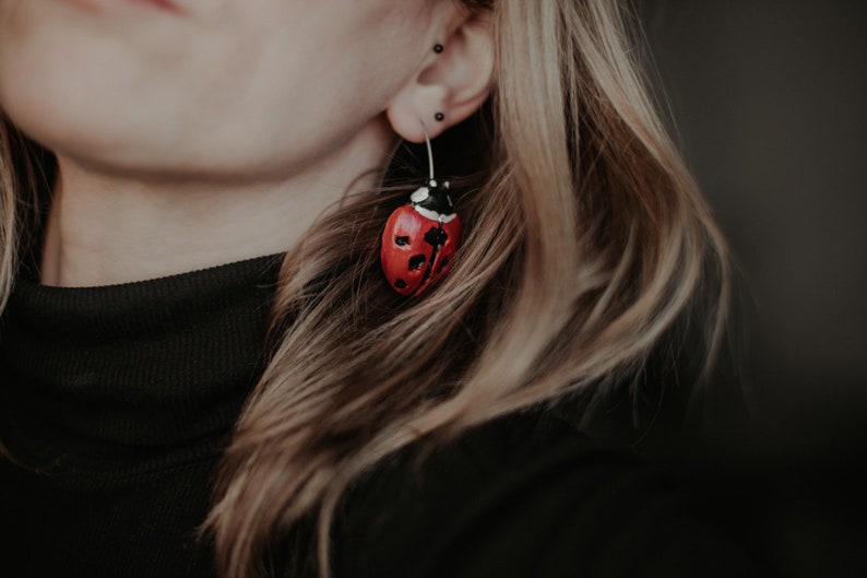 Bug earrings, Ladybug hook earrings, Ladybird polymer clay earrings, Red earrings, Handmade, Hook earrings, Artistic earrings, Bright image 7