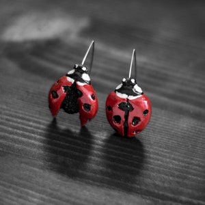 Bug earrings, Ladybug hook earrings, Ladybird polymer clay earrings, Red earrings, Handmade, Hook earrings, Artistic earrings, Bright image 4