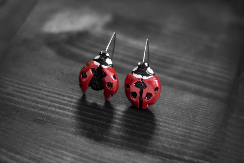 Bug earrings, Ladybug hook earrings, Ladybird polymer clay earrings, Red earrings, Handmade, Hook earrings, Artistic earrings, Bright image 4
