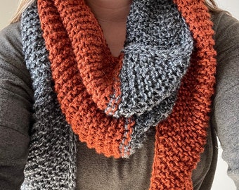 Two-Color Scarf, knit scarf, gray and orange