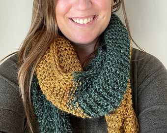 Two-Color Scarf, knit scarf, green and gold