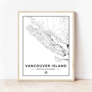 Impression de carte de l'île de Vancouver | Carte de l'île de Vancouver, Colombie-Britannique | Noir et blanc | Téléchargement numérique